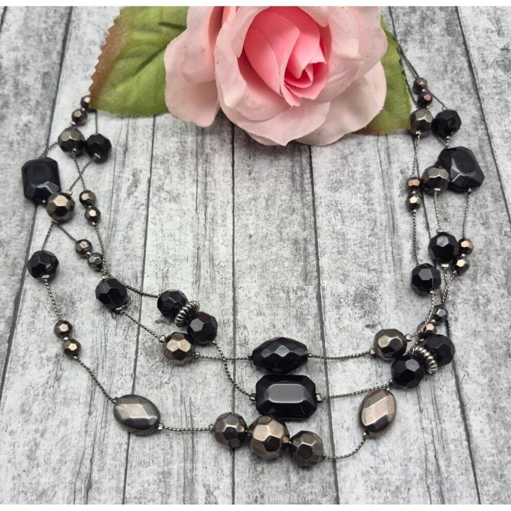 Gunmetal Black Multi Strand Beaded Station Necklace Statement Collar Lightweight
